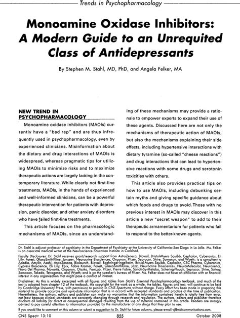 Monoamine Oxidase Inhibitors A Modern Guide To An Unrequited Class Of Antidepressants Cns