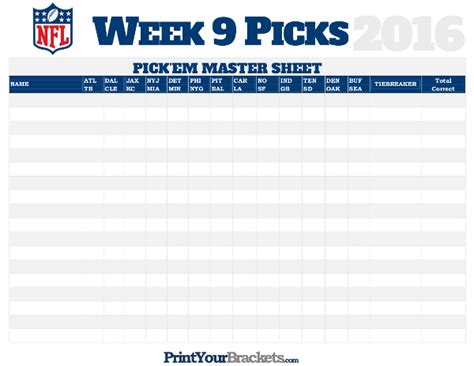 Nfl Week 9 Picks Master Sheet Grid