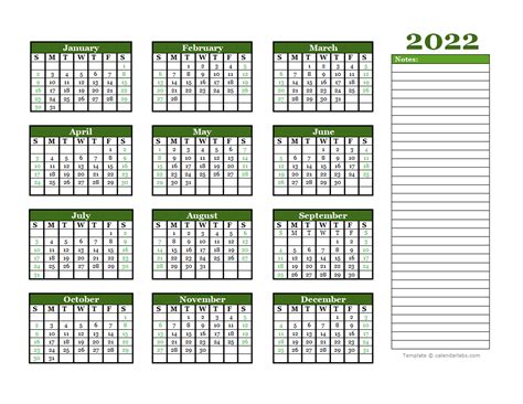 2022 Yearly Calendar With Blank Notes Free Printable