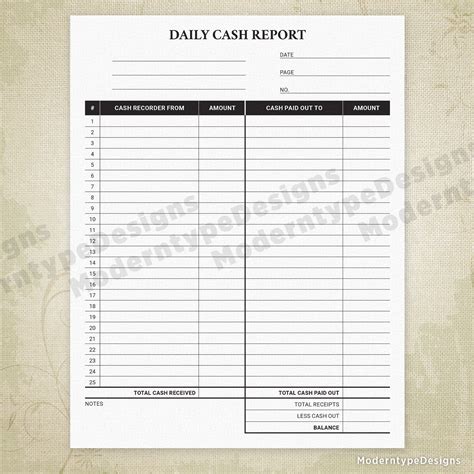 Daily Cash Report Printable Form Weekly Meal Planner Template