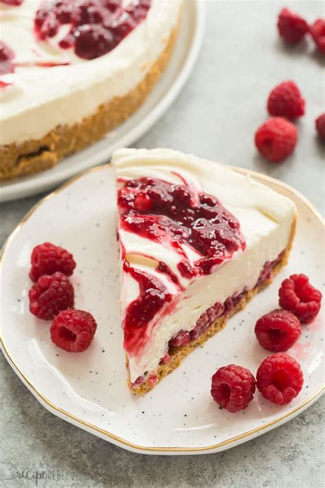 Oreo cookie crust with a raspberry cheesecake filling, topped with raspberry sauce and whipped cream. No Bake White Chocolate Raspberry Cheesecake Recipe ...