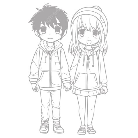 Two Anime Couple Coloring Pages Outline Sketch Drawing Vector Anime