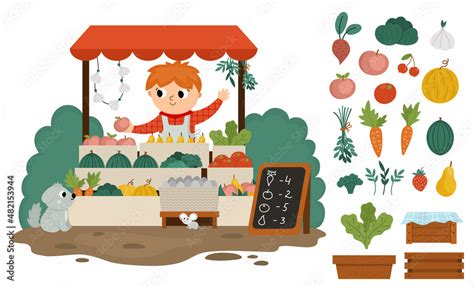 Vector Farmer Selling Fruit And Vegetables In A Street Stall Icon Cute