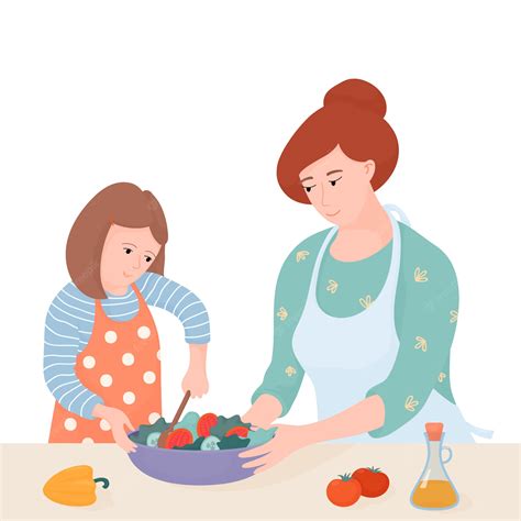 Madre E Hija Cocinando Juntas En La Cocina Mamá Ayudando A Su Hijo A
