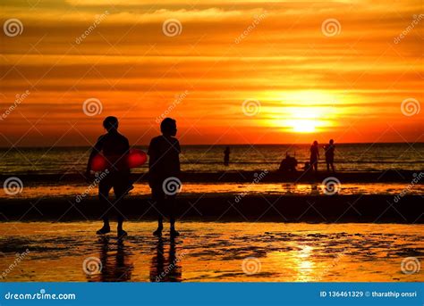 Sunset At The Beautiful Beach View Among The Many People Stock Image