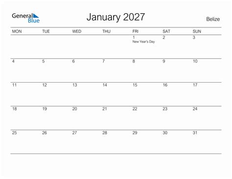 Printable January 2027 Monthly Calendar With Holidays For Belize