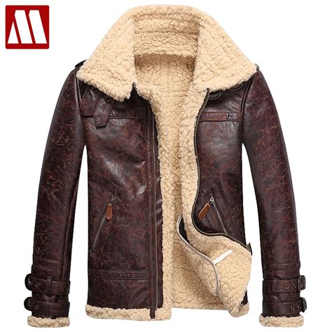 Brand Fashion Mens Vintage Leather Jackets Faux Lamb Fur Fleece Bomber ...