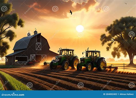 3D Render of a Bustling Farm at the Golden Hour: Tractors Tilling