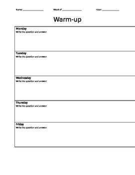 Weekly Warm Up Template By Baker S Teaching Supplies Tpt