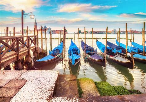 Gondolas Moored By Saint Mark Square In Venice Italy Stock Image