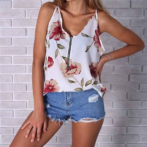 2018 Women Summer Sexy Deep V Neck Floral Printed Sleeveless Tshirt