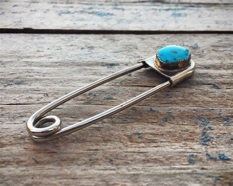 Sterling Silver Safety Pin Turquoise Brooch Pin For Woman Vintage