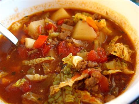 Hamburger stew is an easy recipe to make in the crock pot or on the stove top. Beef and Cabbage Soup ~ Chasing Tomatoes