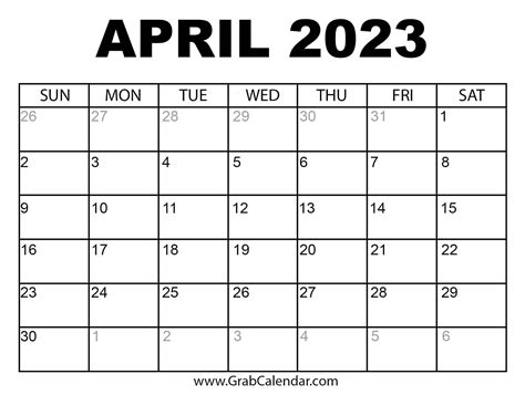 Free Calendar Template April 2023