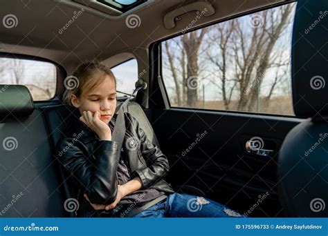 Sad Teen Girl In Seat Back Of Car Close His Eyes Stock Image Image Of