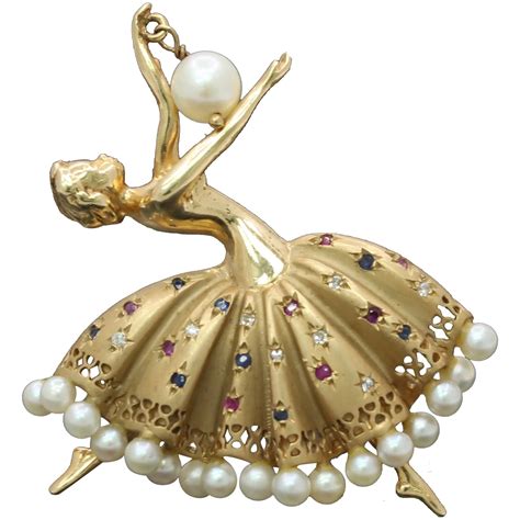 vintage 14k gold diamond ruby sapphire ballerina dancer brooch pin ballerina gold brooch