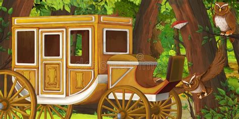 Cartoon Summer Scene With Deep Forest And Bird Owl And Wooden Chariot