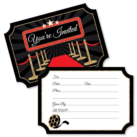 Red Carpet Hollywood Shaped Fill In Invitations Movie Night Party
