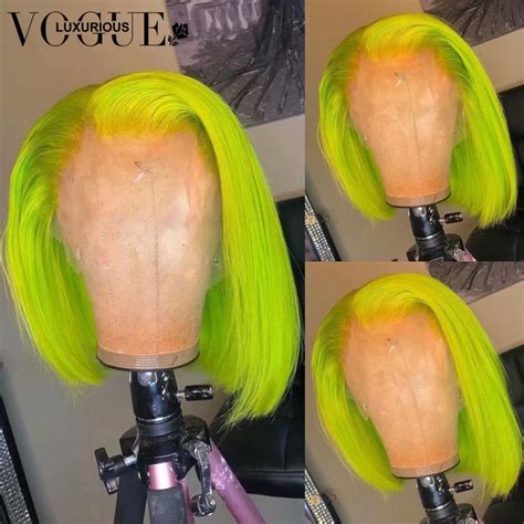 Green Purple Blue Colored Human Hair Wigs Bob Straight Lace Front Wig