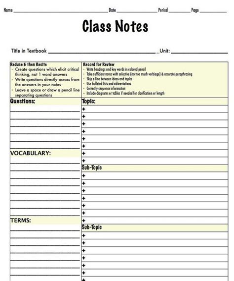 Note Taking Template Middle And Highschool By Tutortimewespines