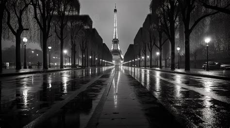 Rainy Black And White Street Scene With The Eiffel Tower In The