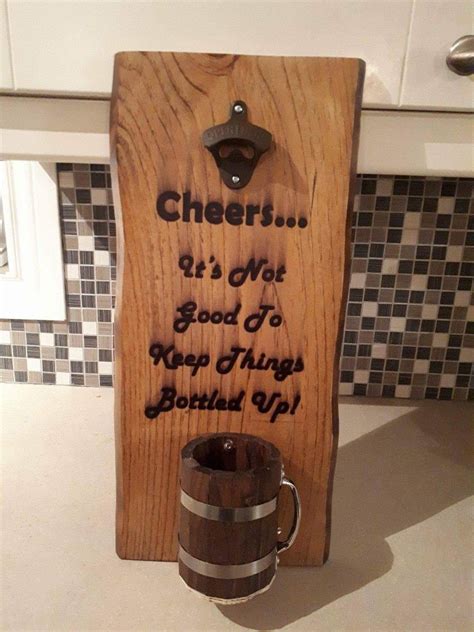 Rustic Wall Mounted Bottle Opener With Hand Made Stein Cap Catcher