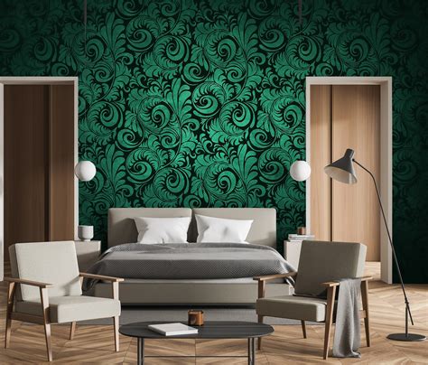 Modern Green Wallpaper With Ornaments Wall Mural Self Etsy