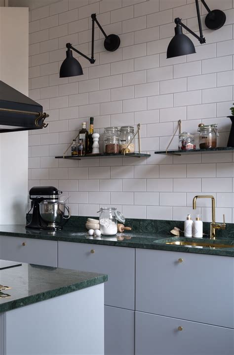 Grey Kitchen With Brass And Green Marble Via Coco Lapine Design Blog