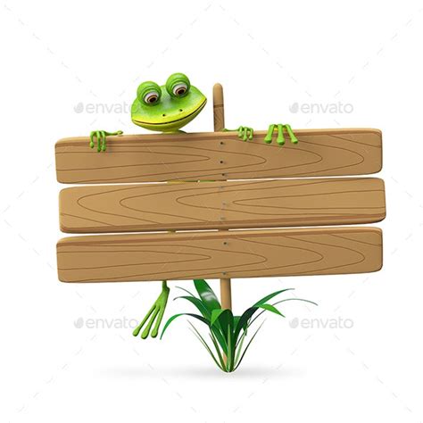3d Illustration Frog With Wooden Plaque By Brux Graphicriver