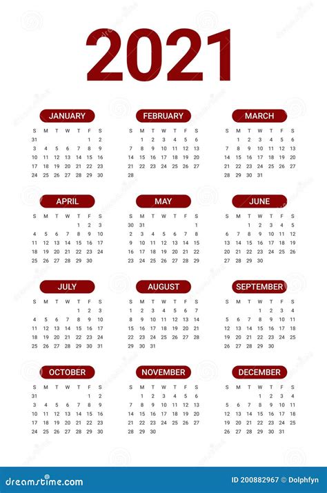 Kalendervektor Entwurfsschablone Des Jahres 2021 Vektor Abbildung