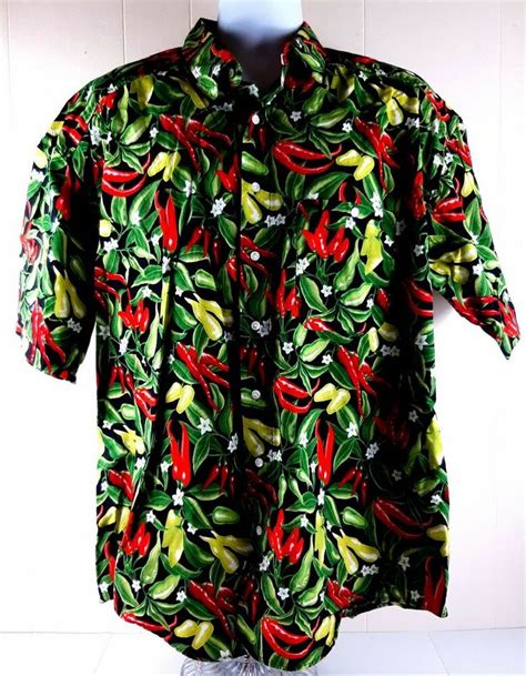 Vintage Mens Shirt Xl Hawaiian Chili Pepper Hot Sauce Button Down