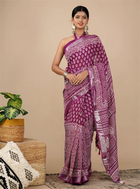 shivanya handicrafts women s linen hand block printed saree with blouse piece cl 029 at rs 650