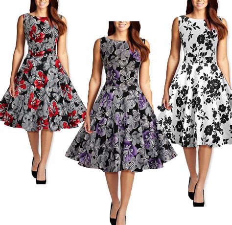 New Women Summer Floral Print Retro Vintage 50s 60s Casual Party Rockabilly Pinup Dress Ladies