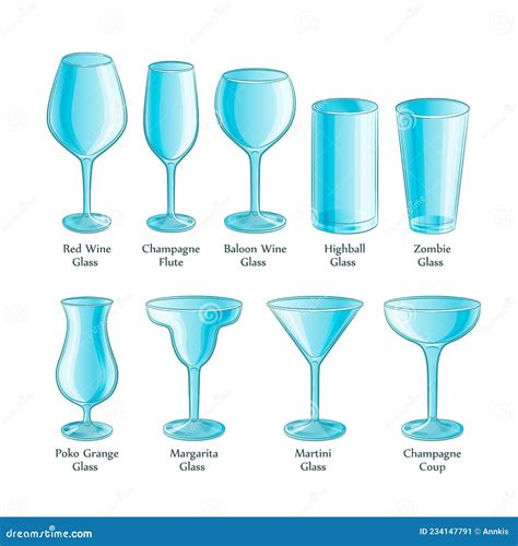 Types Of Empty Cocktail Glasses In Color With Names Stock Illustration Illustration Of Leaf