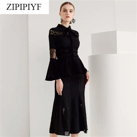 Spring Runway Dress 2018 Flare Sleeve Lace Patchwork Ruffles Long