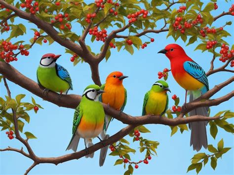 premium ai image colorful birds sit on branches of the tree