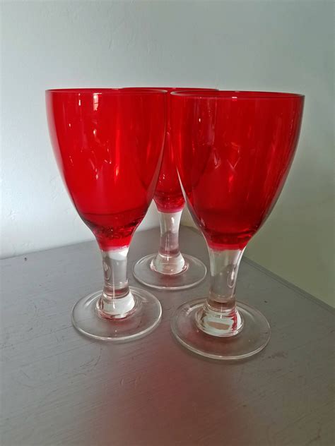 Vintage Goblets Red With Clear Stem Set Of Sevenvintage Etsy