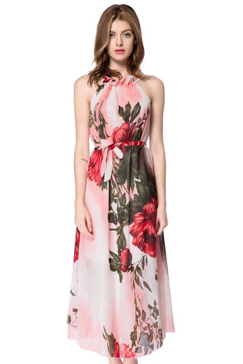2019 Bohemian Style Halter Neck Large Floral Print Chiffon Womens Maxi Dress