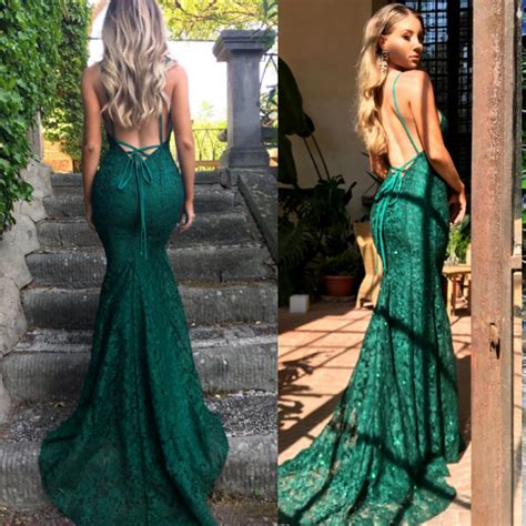 Green Lace Sexy Mermaid Spaghetti Strap Lace Up Back Prom Dresses