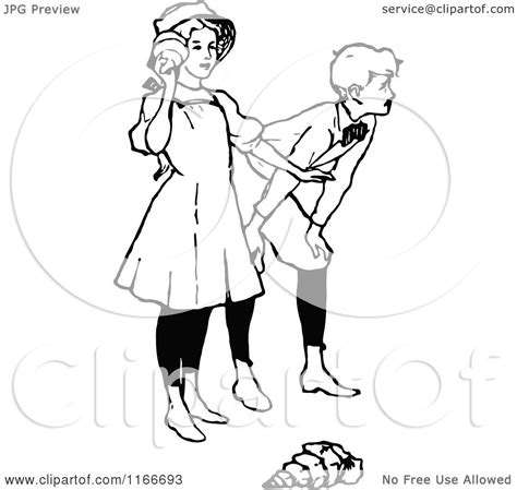 Clipart Of A Retro Vintage Black And White Boy And Girl Listening To
