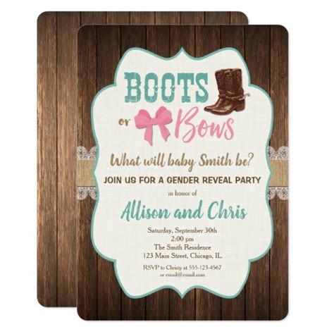Boots Or Bows Gender Reveal Invitation Rustic