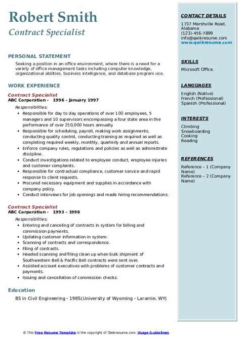 contract specialist resume samples qwikresume