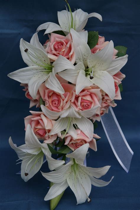 White Tiger Lily And Pink Rose Teardrop Bouquet Pink Roses Wedding