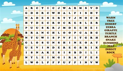 Words Search Puzzle For Kids With African Safari Animals Giraffe