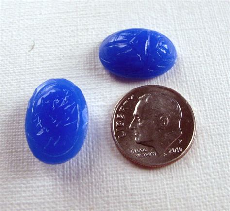 Vintage West German Opaque Blue Glass Egyptian Scarab Cabochons
