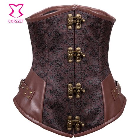 Vintage Brown Brocade Steel Boned Underbust Corset Steampunk Clothing Waist Slimming Corsets And