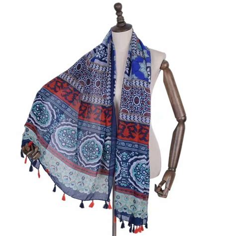 2018 Women Geometry Pattern Tassel Scarf Bohemian Style Cotton Voile Shawls Wraps Hijabshijab