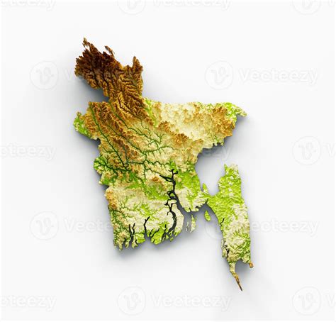 Bangladesh Map Shaded Relief Color Height Map On White Background 3d