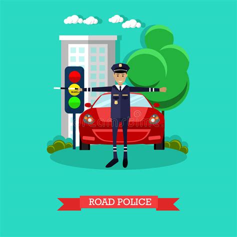 Traffic Policeman And Mounted Police Vector Flat Illustration Stock