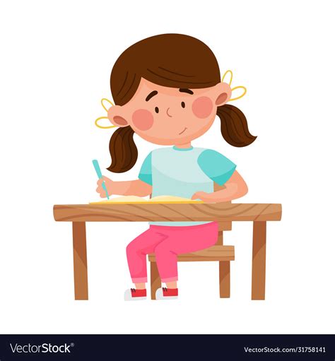 Girl Character Sitting At Table Doing Her Homework